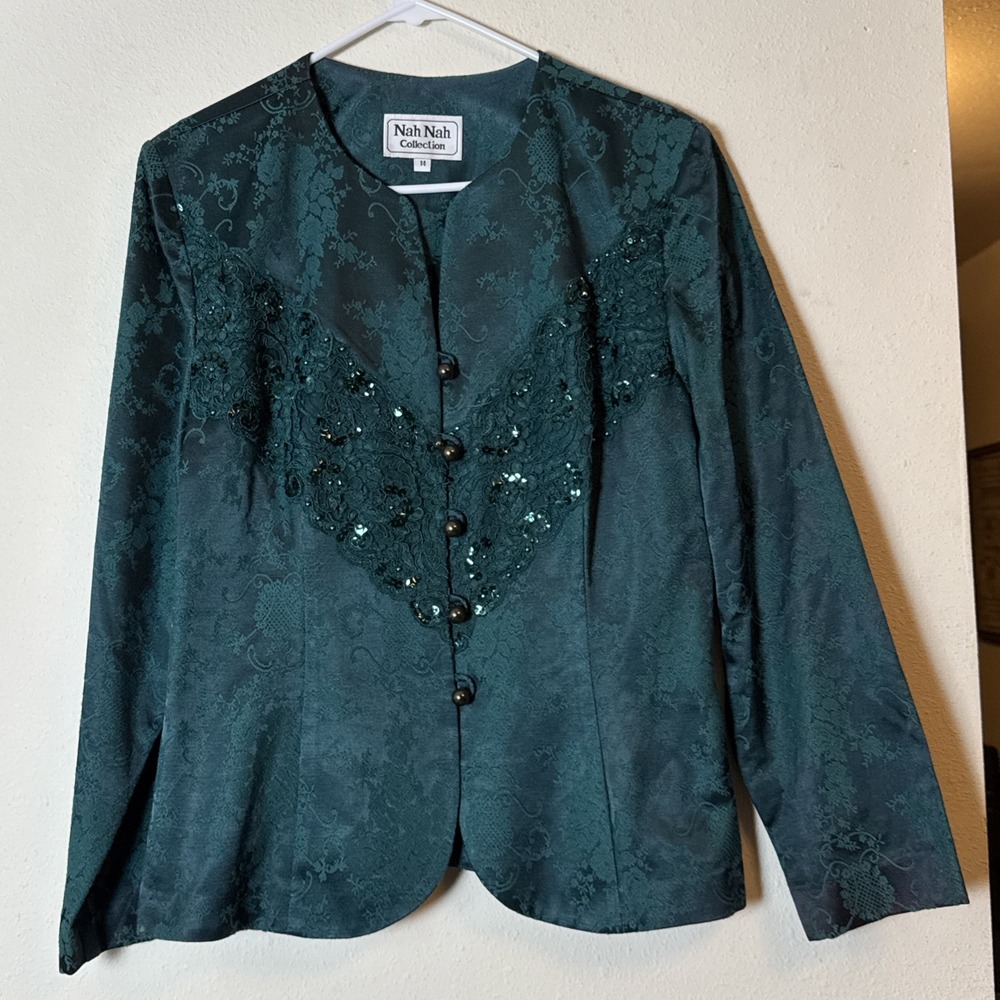Nah Nah Collection 14 Green Brocade Lace Sequin Button Jacket Women's